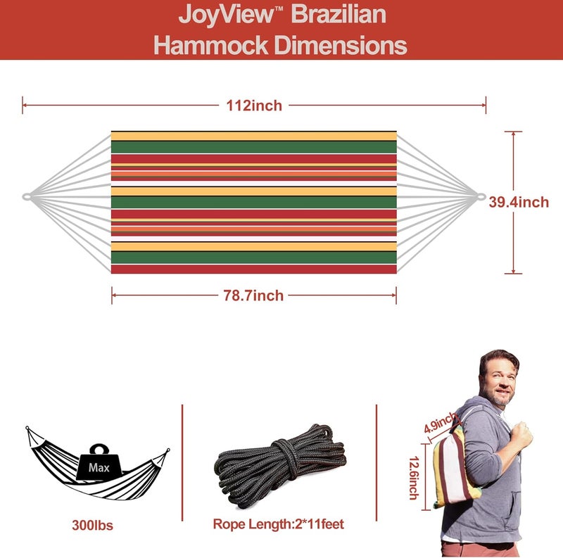 JoyView Brazilian Hammock for Single Person - Portable Cotton Hammock with Hanging Ropes & Carry Bag - 78.8x39.4' - 300LBS Capacity - Red & Green Stripes - Image 2